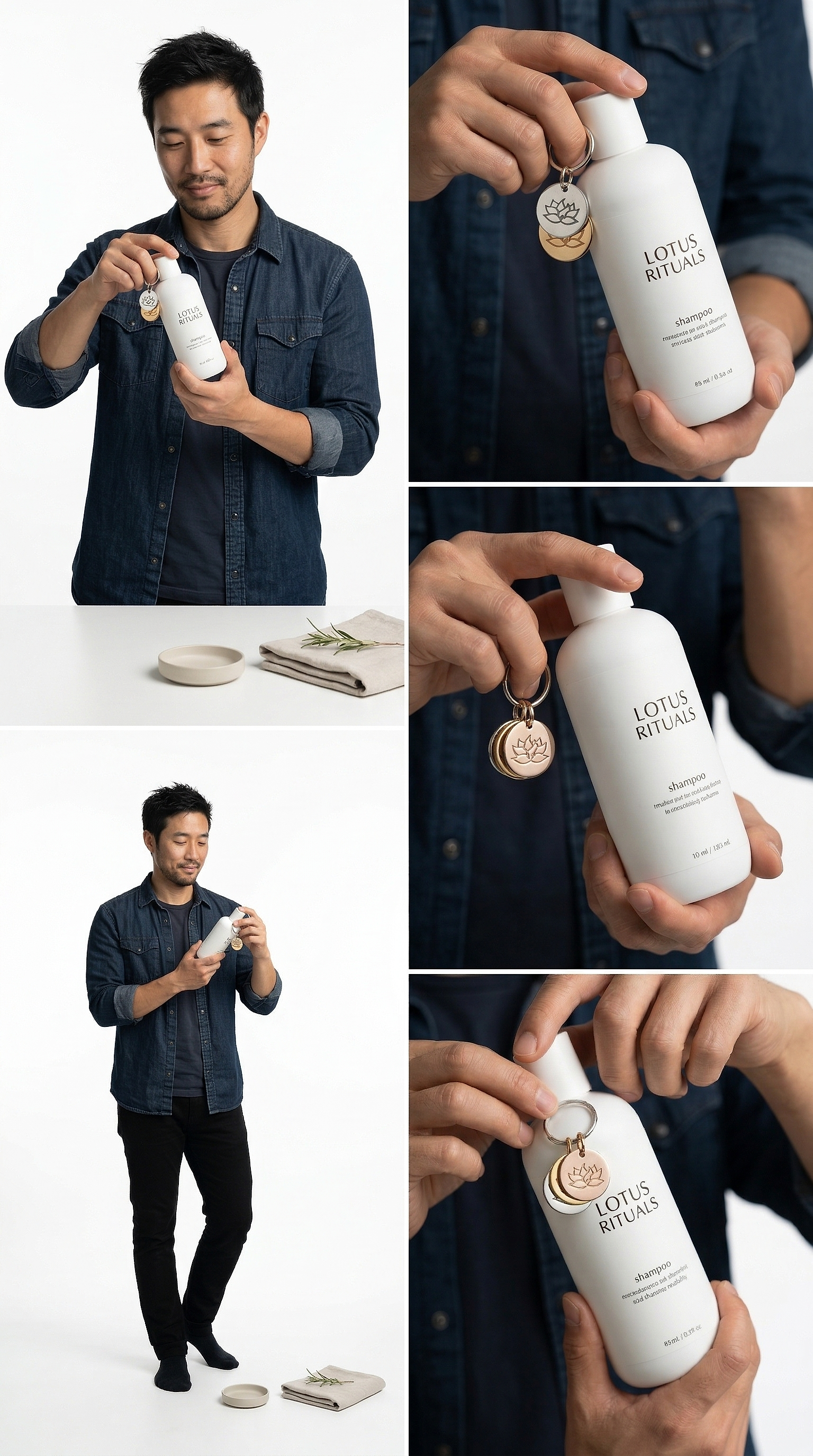 Model in white space holds designer shampoo by the charm with calm, confident ritual.